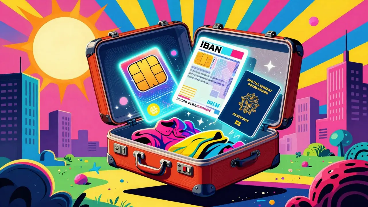 Vibrant illustration of a suitcase spilling out holographic foreign identity documents