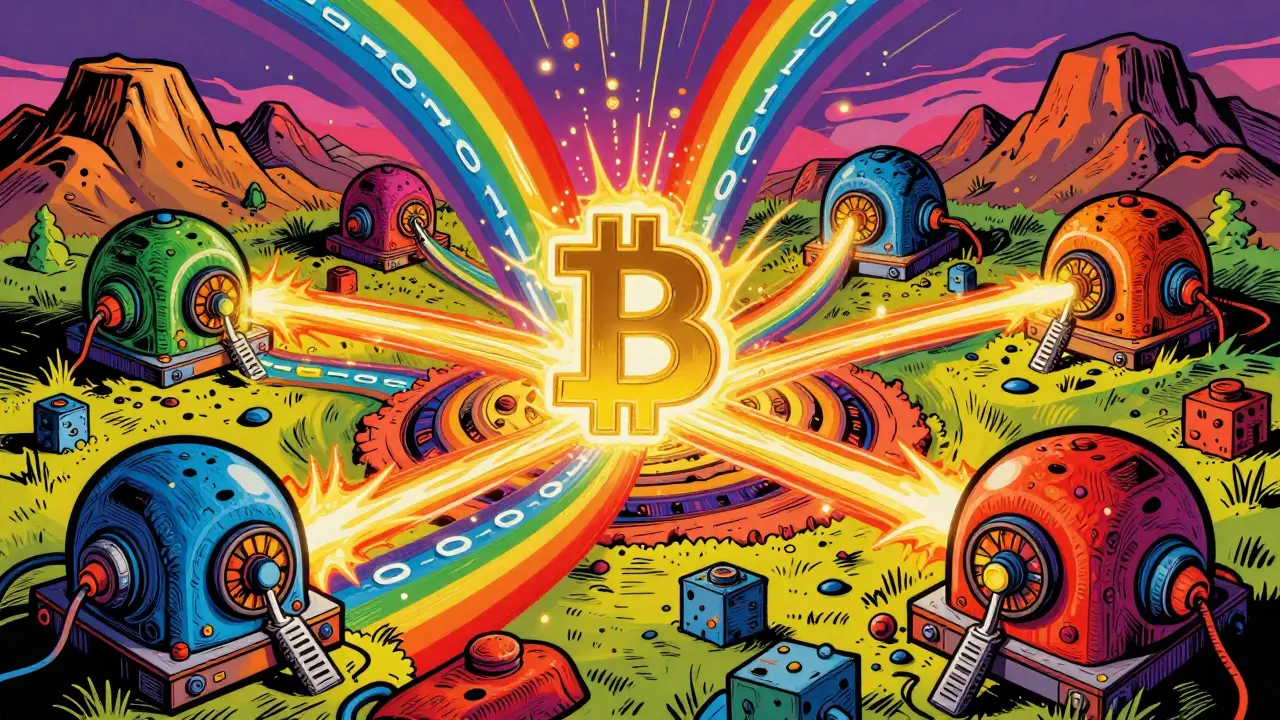 Vibrant pop-art depiction of ASIC miners producing golden Bitcoin with colorful binary streams.