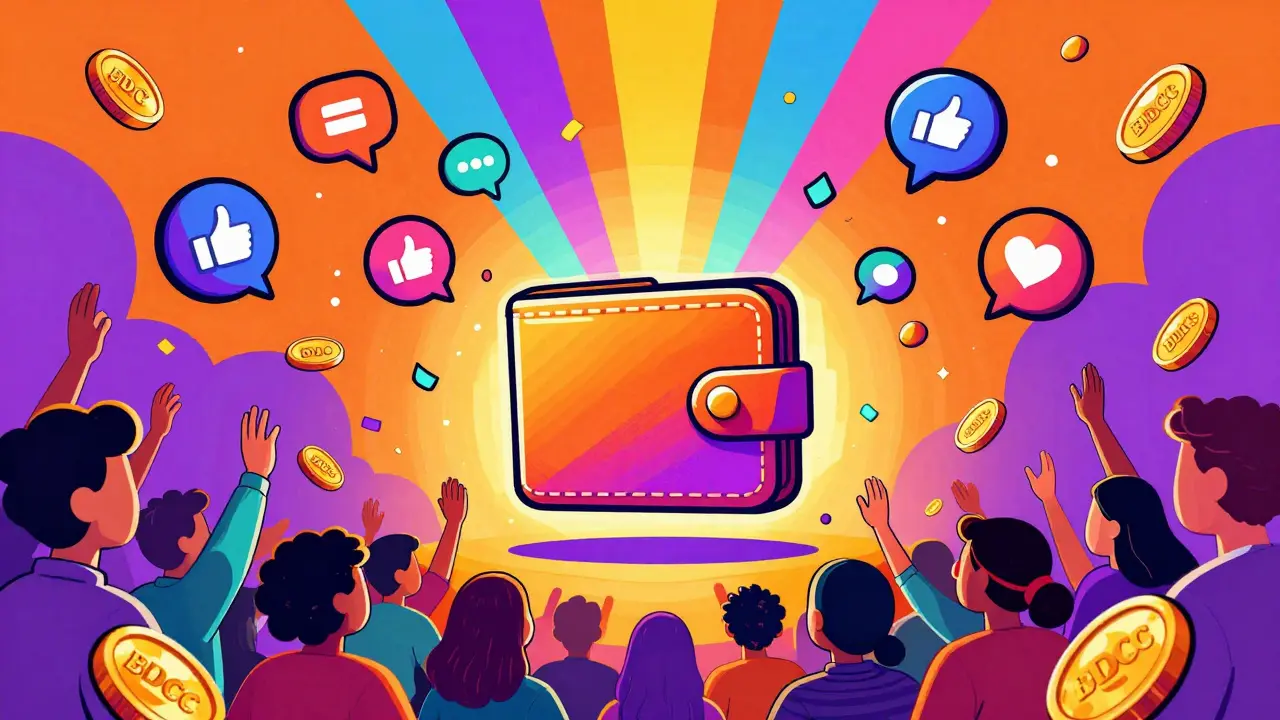 Vibrant pop-art depiction of BDCC tokens raining down onto a crowd during an airdrop.