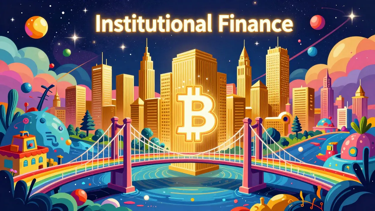 Vibrant pop art showing a rainbow bridge leading to a golden city of regulated finance.