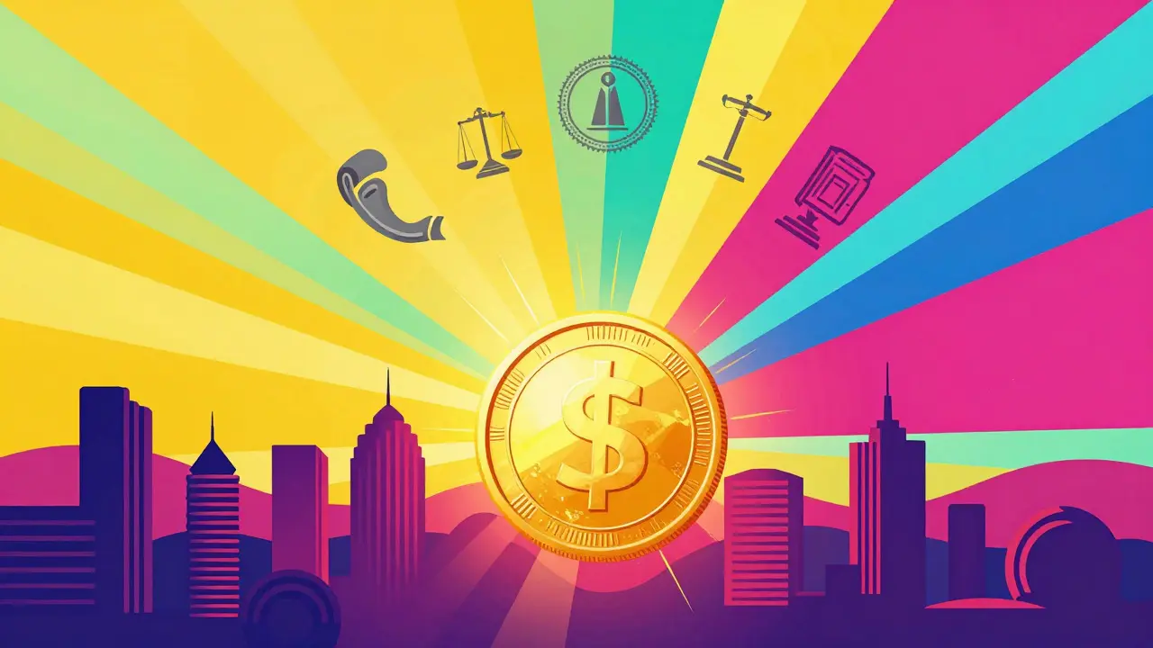 Vibrant sunrise over a city with a gold coin sun and colorful legislative scrolls.