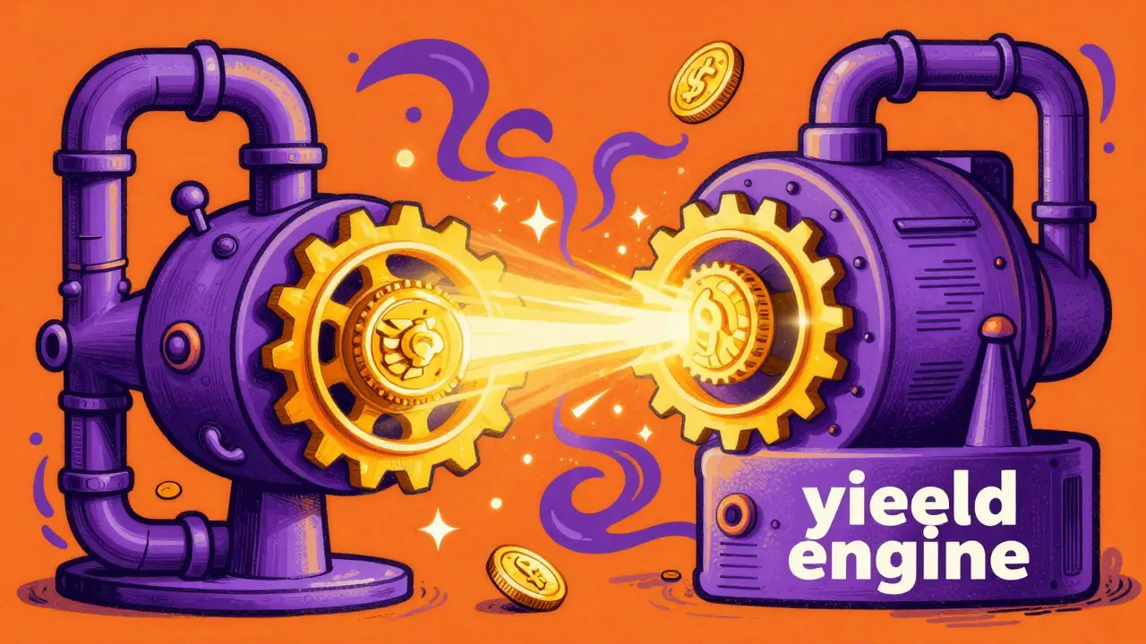 Whimsical machine converting coins into energy in a vibrant Peter Max illustration.