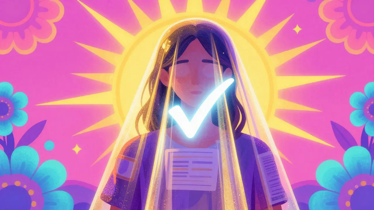 A figure behind a shimmering veil revealing only a glowing checkmark for privacy.