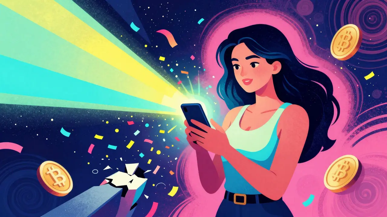 A woman holding a phone emitting light, breaking free from barriers in vibrant colors.