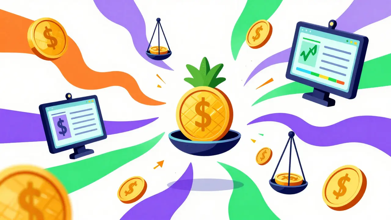 Abstract art of floating pineapples on scales showing price variance