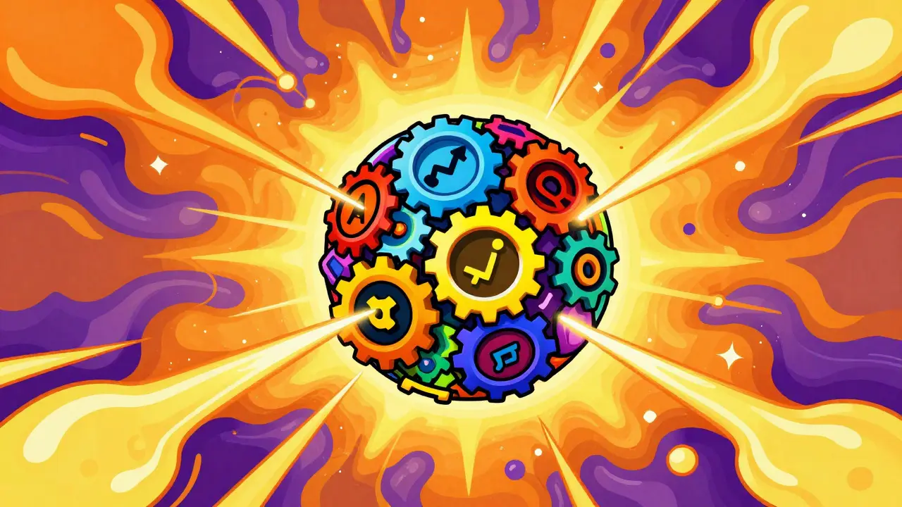 Abstract art showing a glowing orb of gears and light streams representing automated market maker liquidity pools.