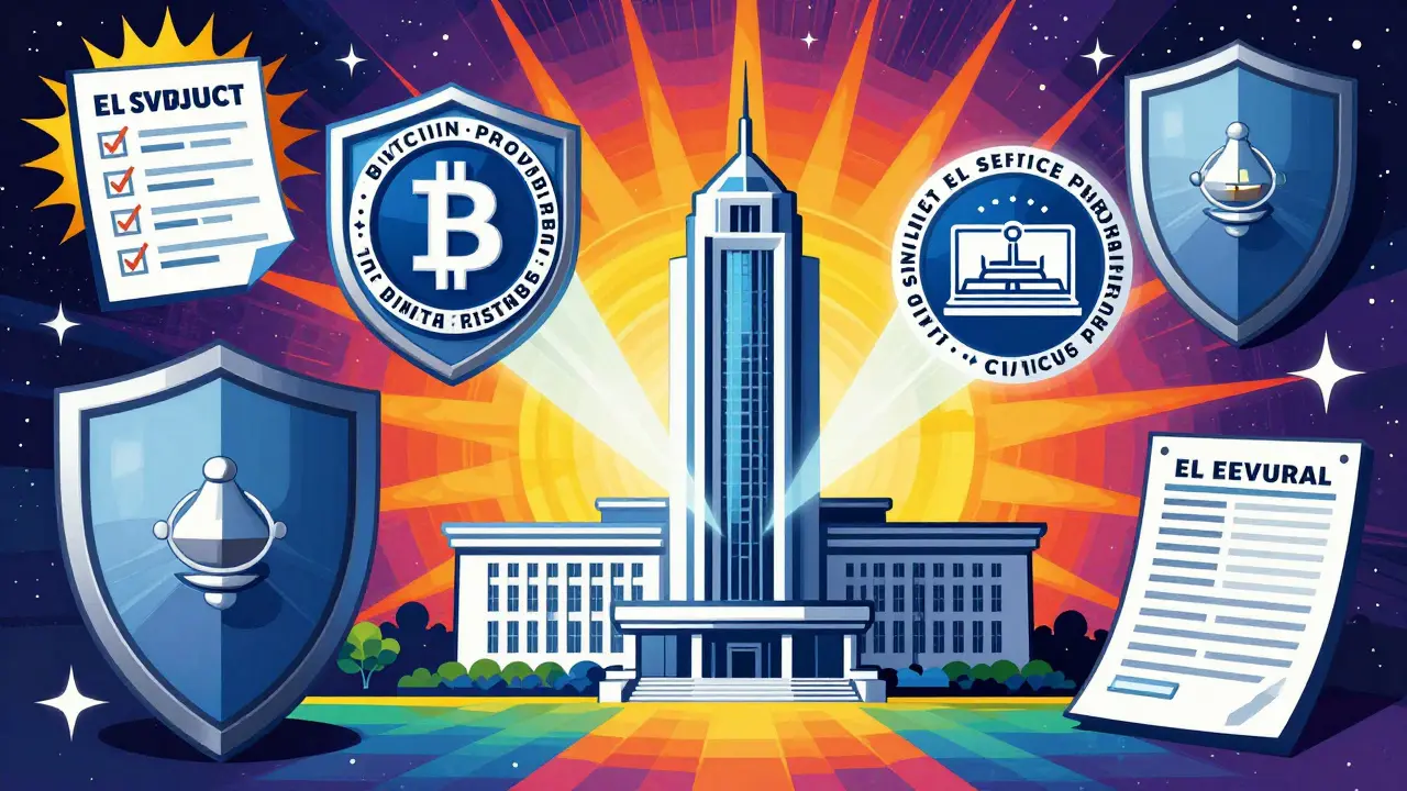Abstract illustration of crypto licenses and security shields in vibrant Peter Max style.