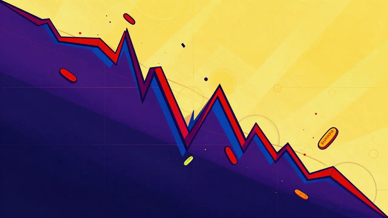 Abstract Peter Max art showing colorful shards falling in a market crash spiral