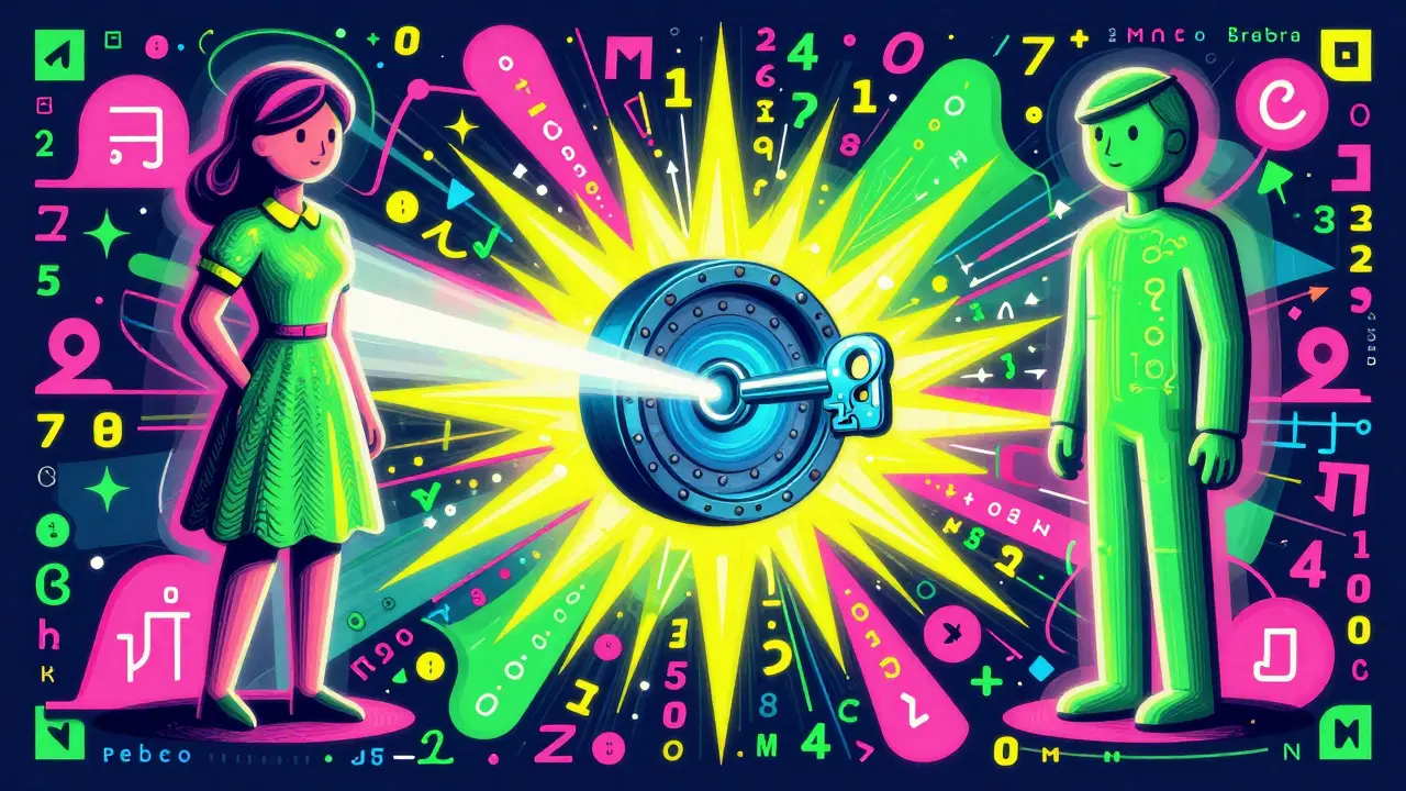 Abstract Peter Max style art showing two figures connected by colorful math symbols.