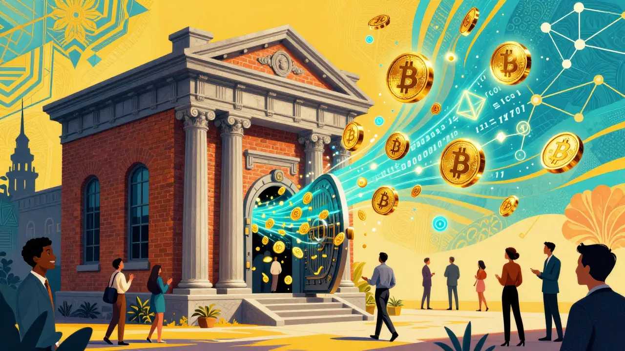 Bank vault releasing crypto tokens in psychedelic Peter Max art
