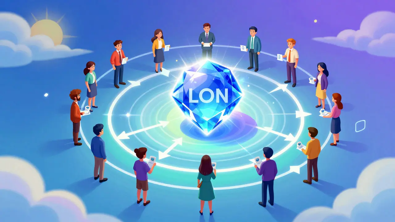 Colorful abstract art depicting LON token utility, governance voting, and staking rewards in a cosmic setting.