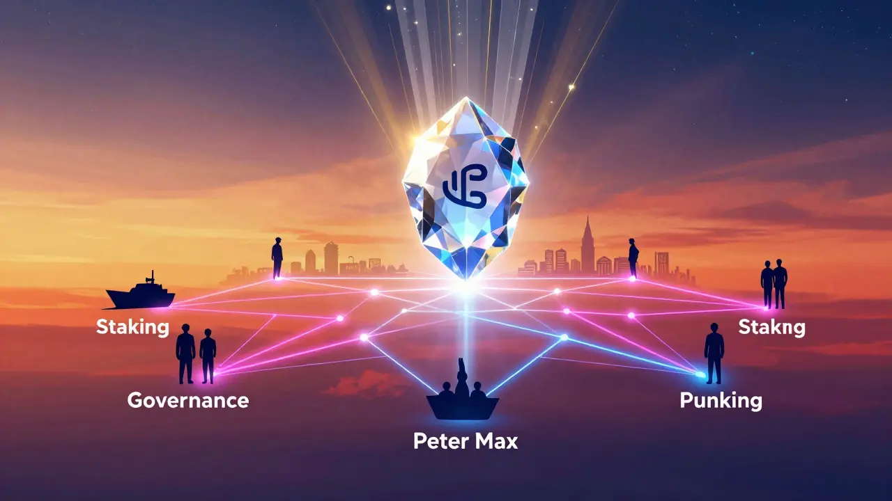 Colorful abstract art showing a glowing token connecting users and global trade networks.