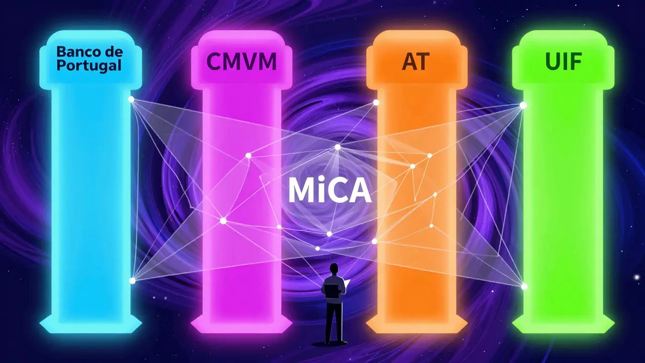 Colorful abstract pillars representing Portuguese crypto regulators under MiCA rules.