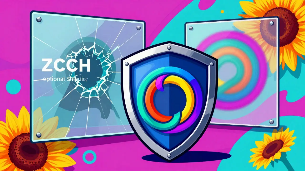 Colorful abstract shields and rings comparing privacy levels of different crypto coins.