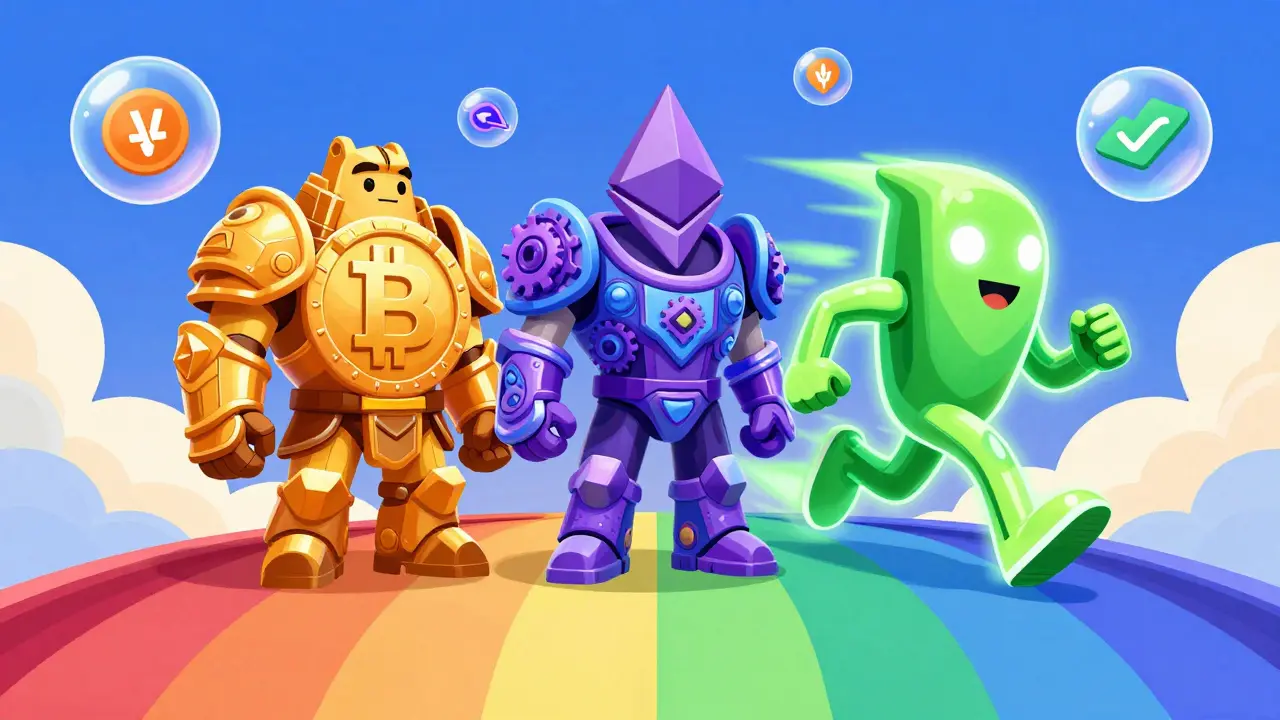 Colorful cartoon avatars of Bitcoin, Ethereum, and Solana comparing speed and cost on a rainbow bridge.