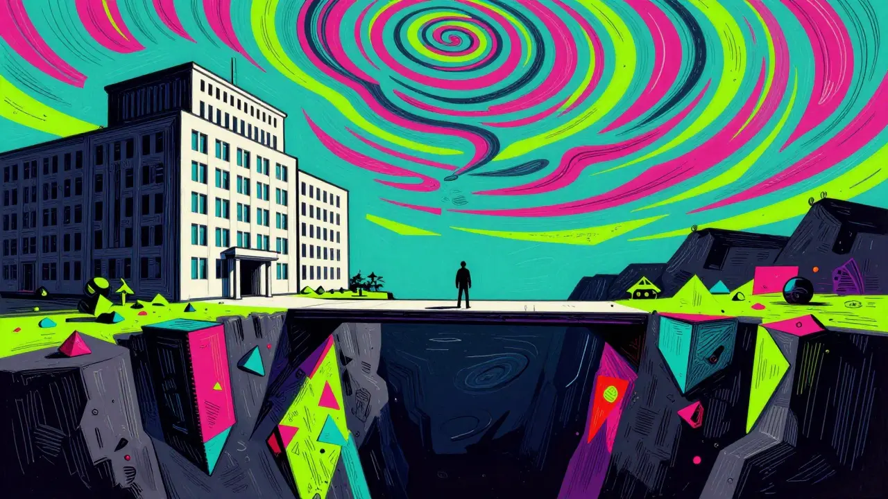 Colorful illustration of a figure on a precarious bridge over a dark void