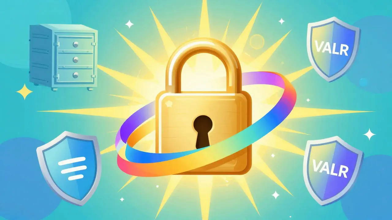 Colorful illustration of a glowing lock and security shields in Peter Max style.