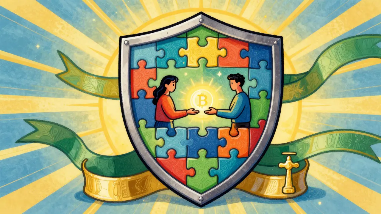 Colorful illustration of a protective shield with figures exchanging glowing crypto orbs safely.