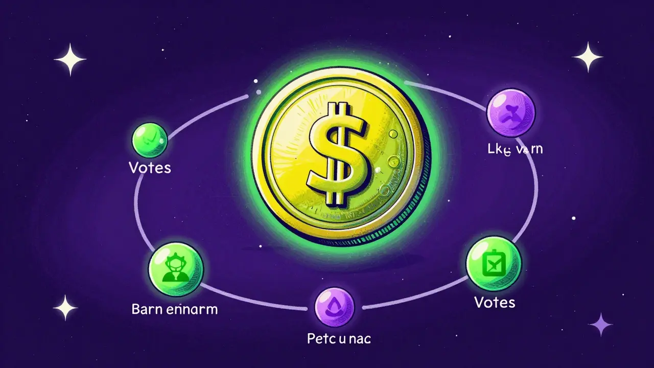 Colorful illustration of a stablecoin ecosystem with orbiting governance elements.