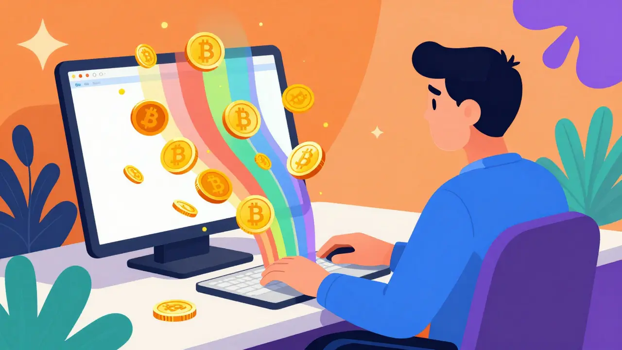 Colorful illustration of crypto tokens floating from a laptop, representing exchange rewards.
