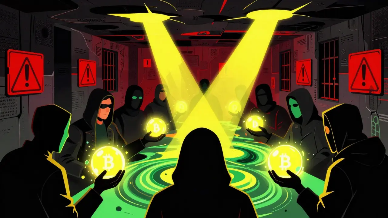 Colorful illustration of people secretly trading glowing crypto orbs in a dark maze