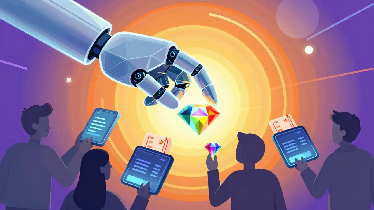 Colorful illustration of secure digital wallets blocking scalpers with bright gems