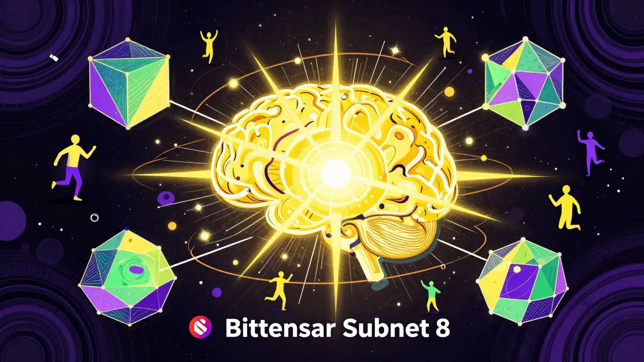 Colorful Peter Max illustration of the Bittensor Subnet 8 AI network hub.