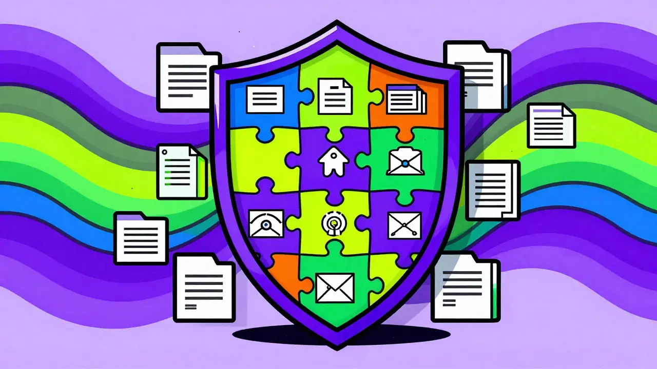 Colorful shield protecting file icons from data leaks in a cartoon style