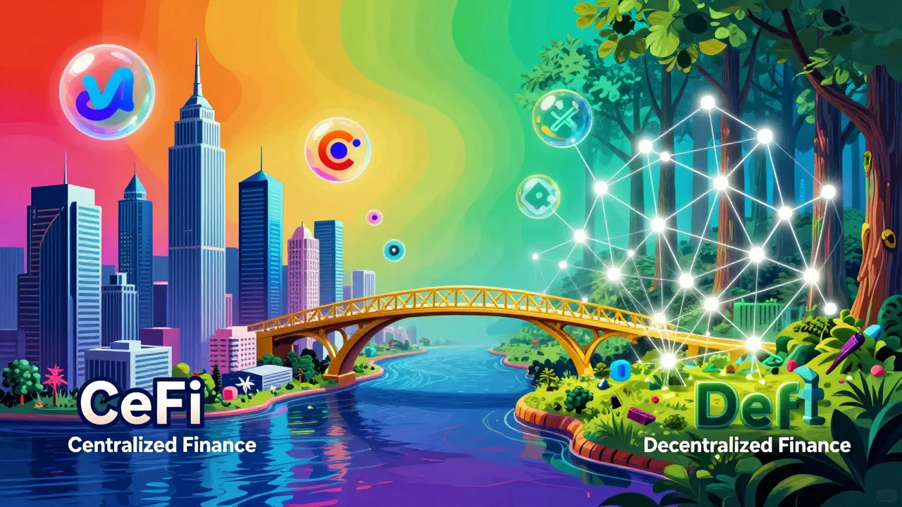 Conceptual art showing a bridge between centralized and decentralized finance models.