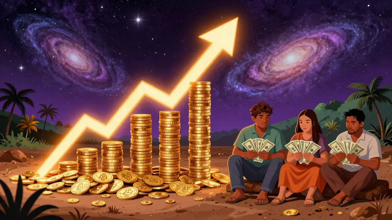 Contrasting golden investment arrows with grounded dollar bills in cosmic Peter Max art.