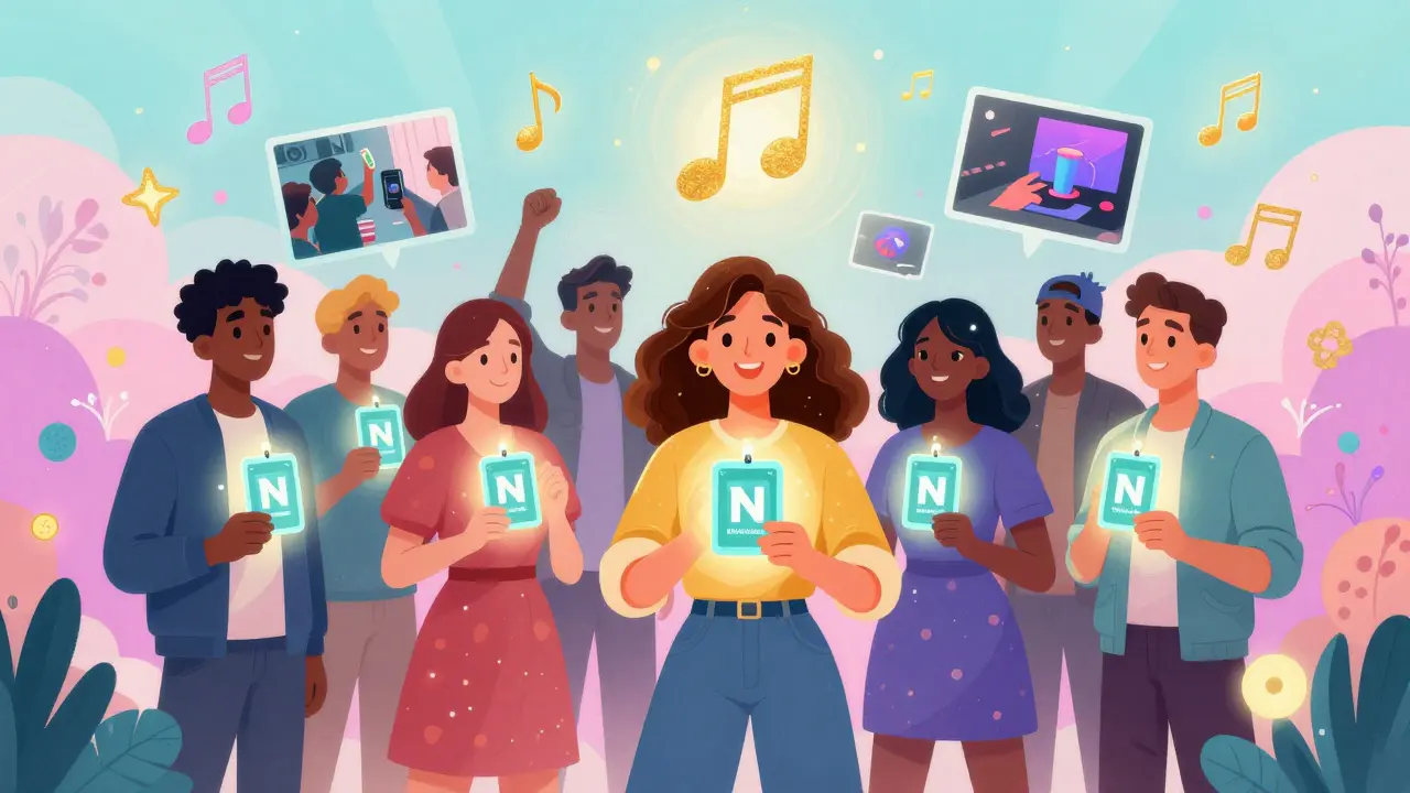 Fans holding glowing NFT badges unlocking exclusive content in vibrant colors