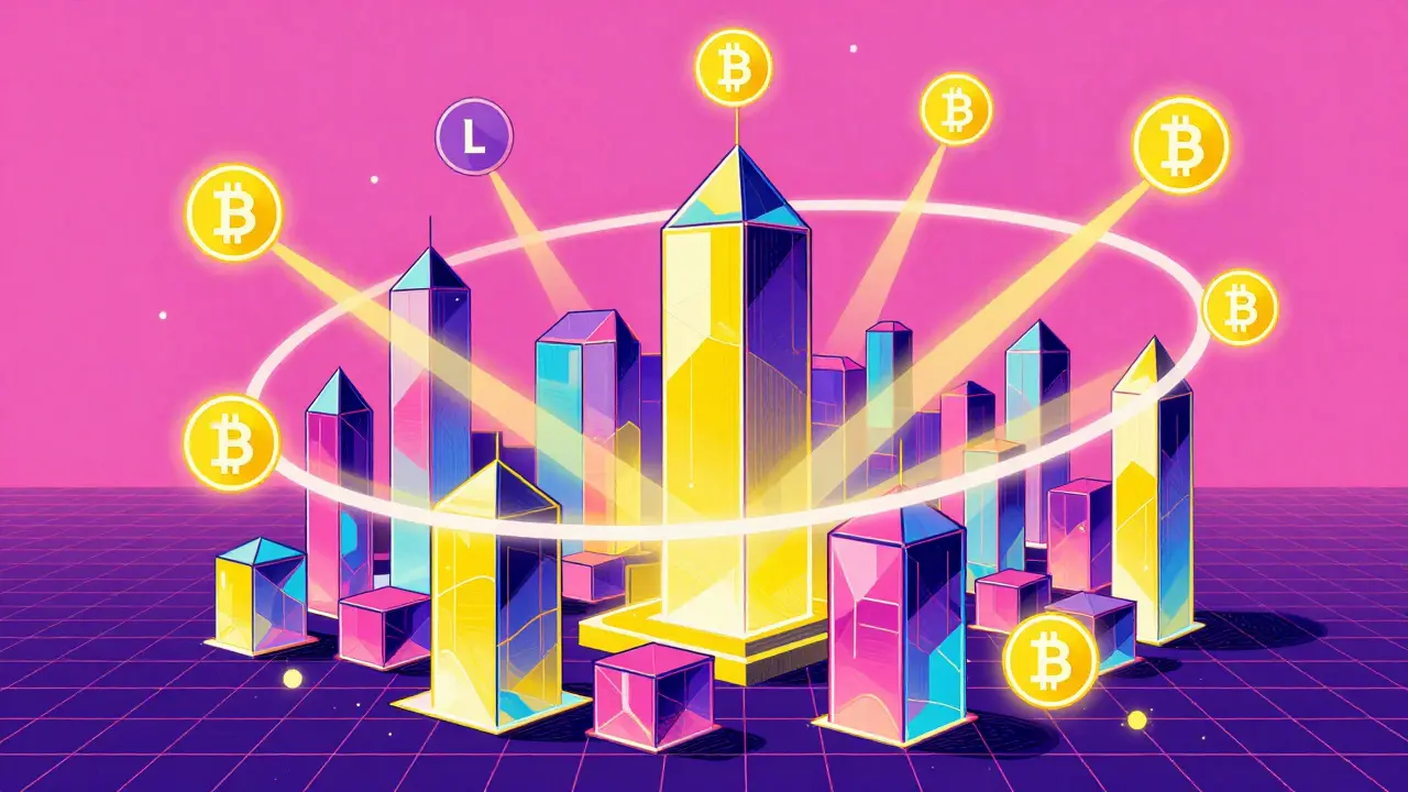 Futuristic cityscape in Peter Max style showing sustainable token economy and asset tokenization.