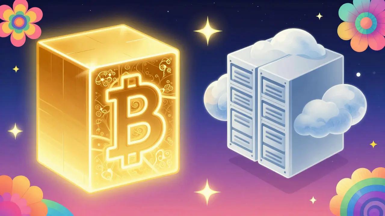 Golden blockchain block vs floating cloud showing on-chain vs off-chain