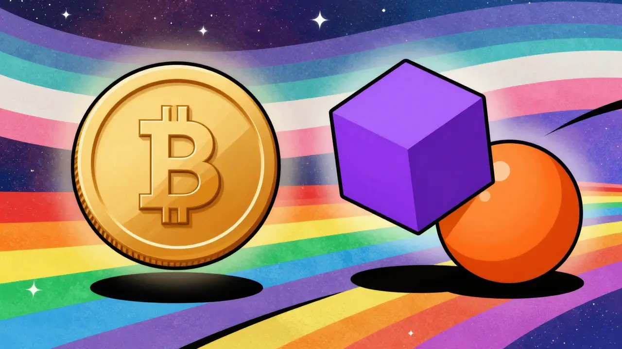 Illustration comparing single and dual crypto tokens with interlocking shapes in vibrant colors.