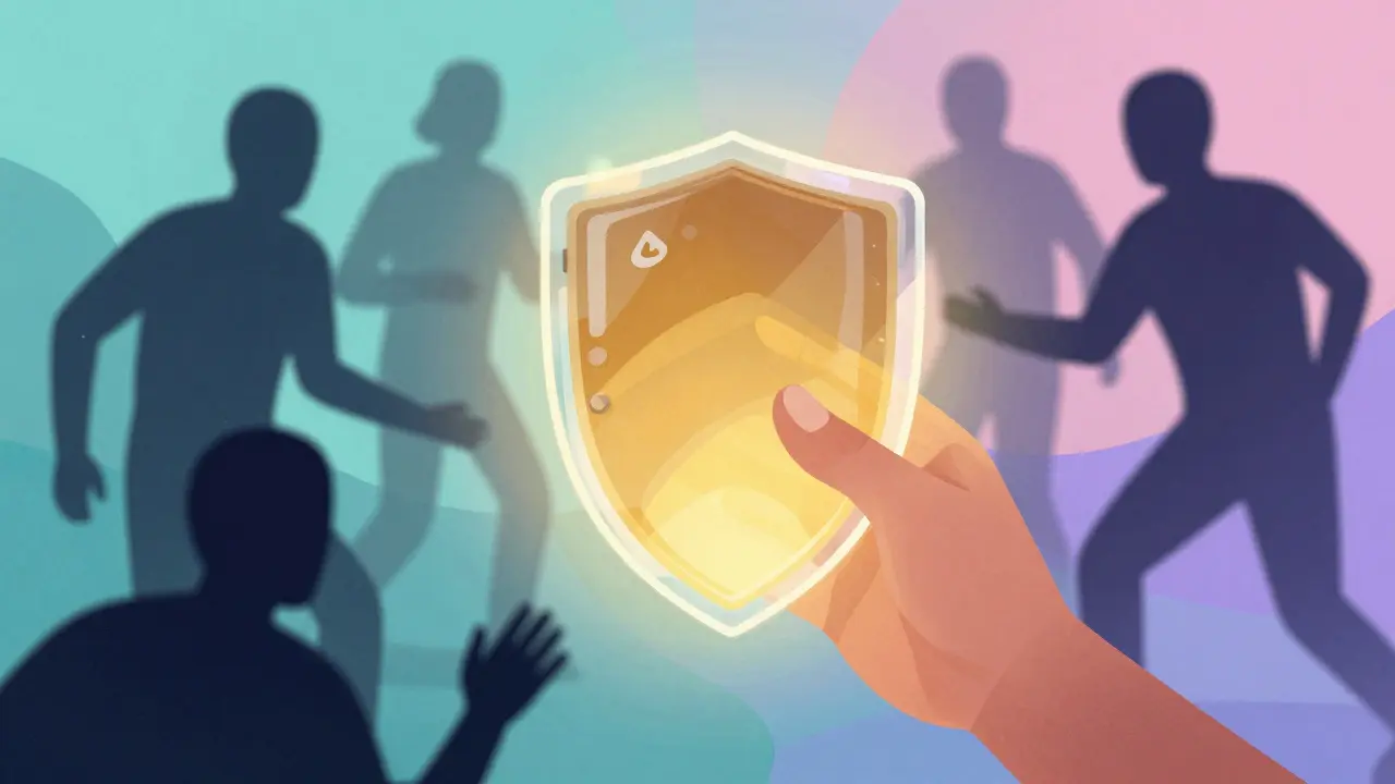 Illustration of a user holding a glowing secure wallet protected by a golden shield against dark shadows.