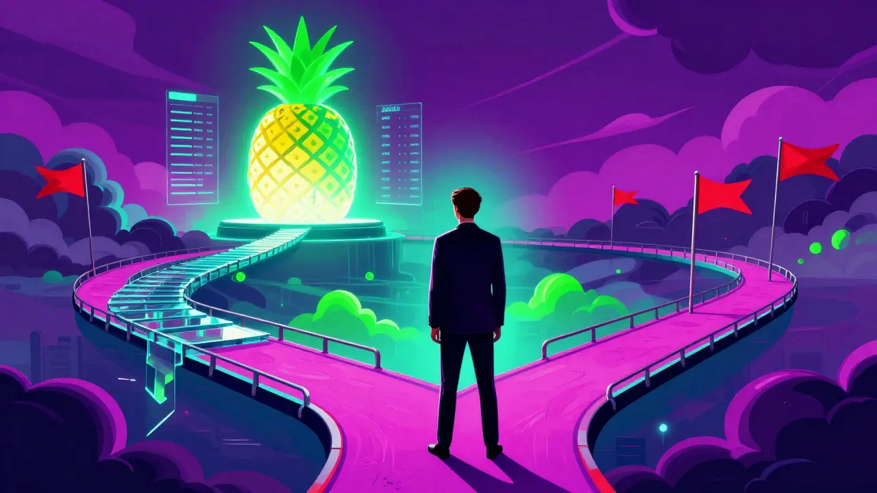 Illustration of investor choosing between risky crypto paths and warnings