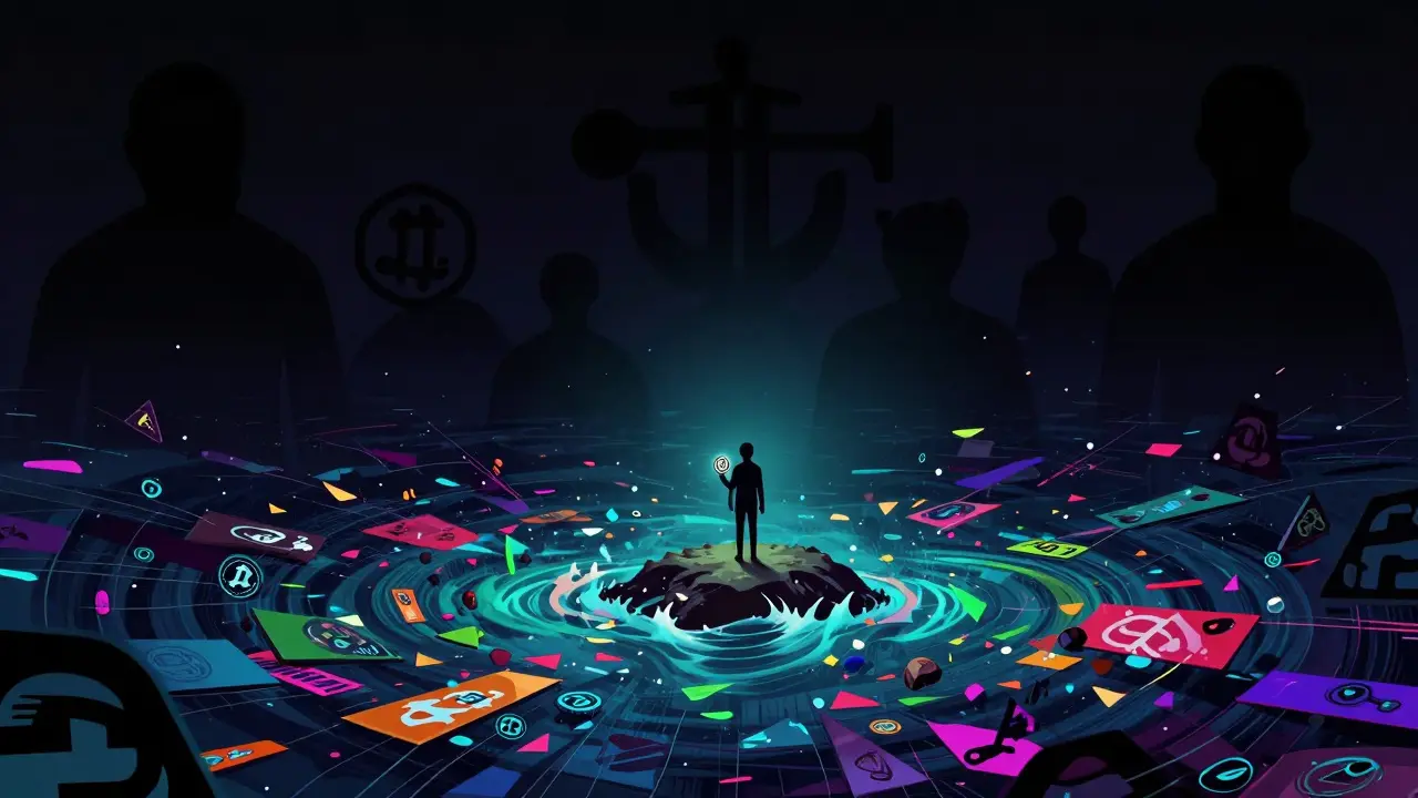 Lonely figure holding a dim coin on an island, surrounded by distant giant crypto icons in neon hues.