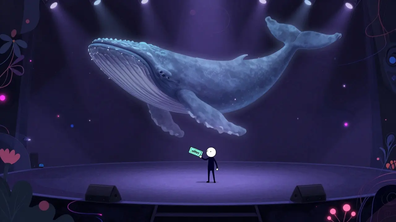 Lonely figure on an empty stage with a fading whale ghost in vibrant retro art style.