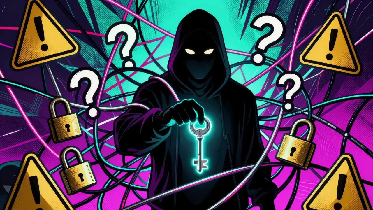 Peter Max style masked figure holding keys amidst tangled neon wires
