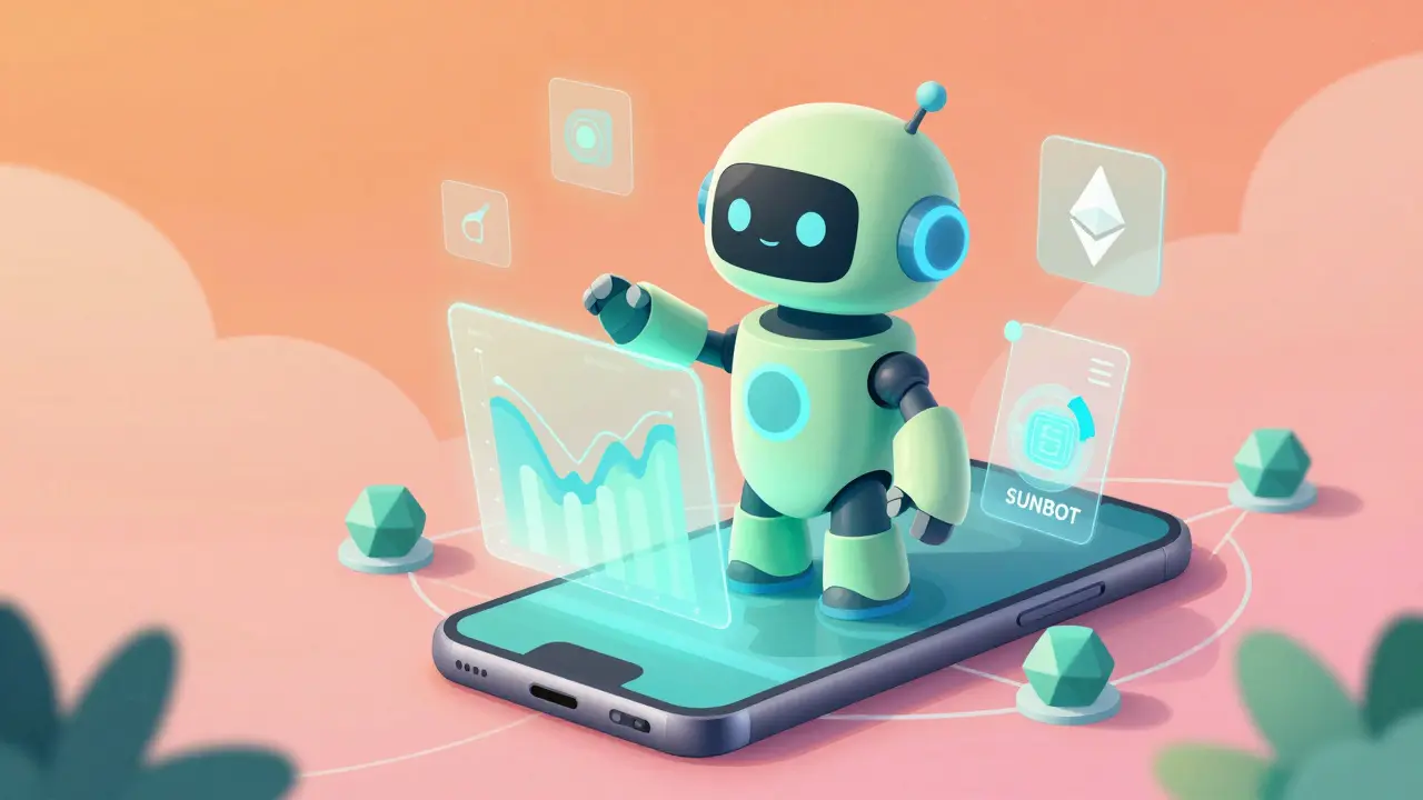 Peter Max style robot bot emerging from phone with blockchain nodes