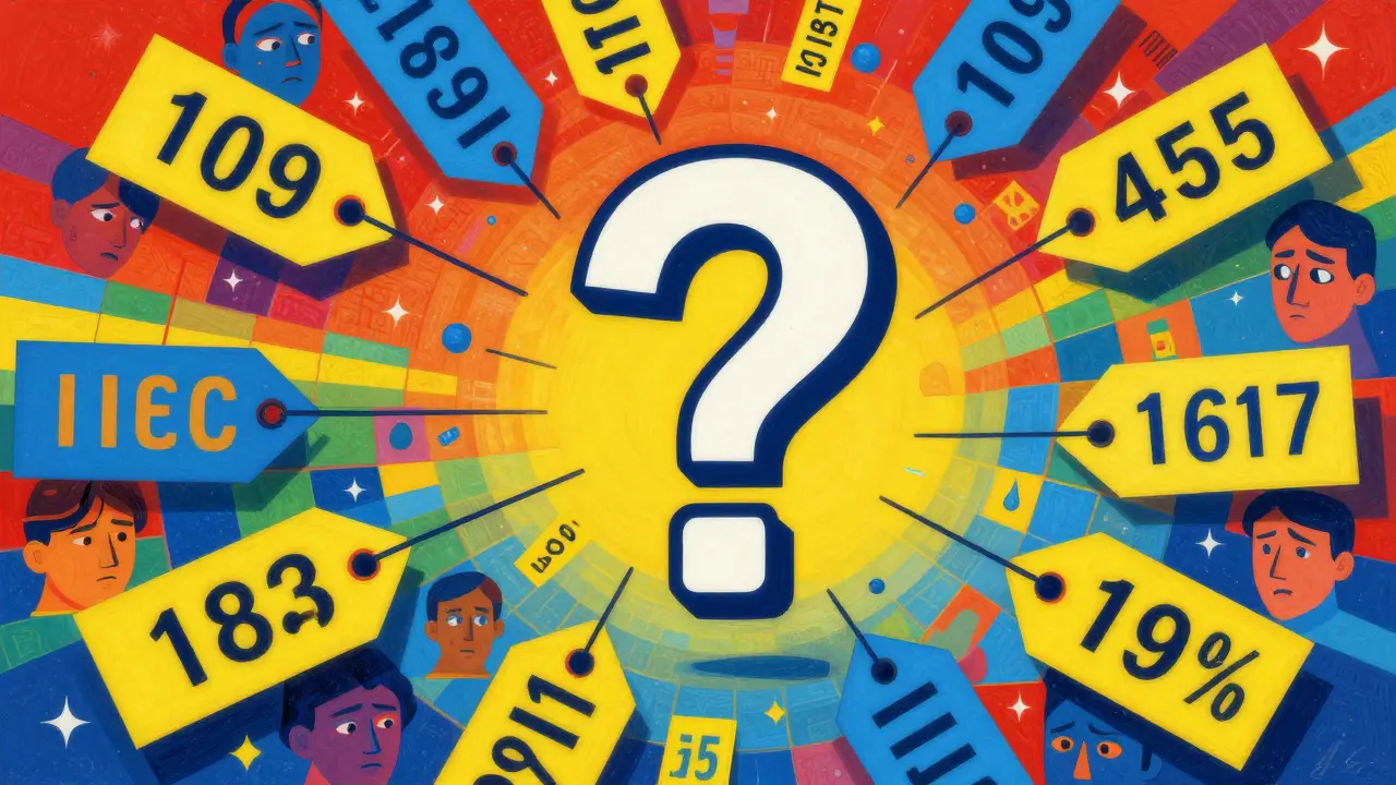 Psychedelic art showing confusing mismatched price tags and question marks in bright colors.