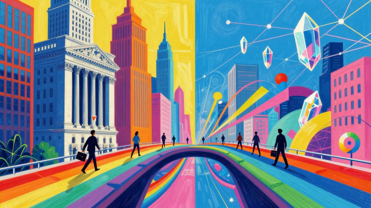 Rainbow bridge connecting Wall Street and Web3 in Peter Max style