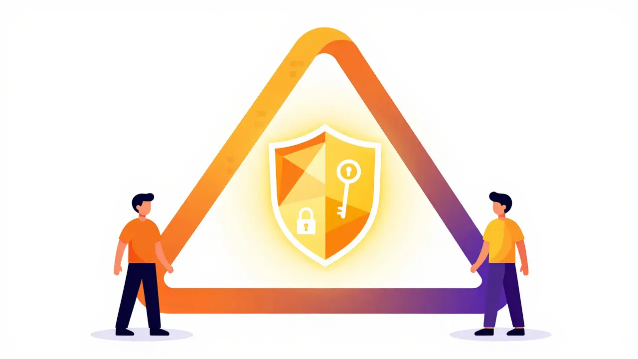Three figures connected by colorful light ribbons forming a secure trust triangle.