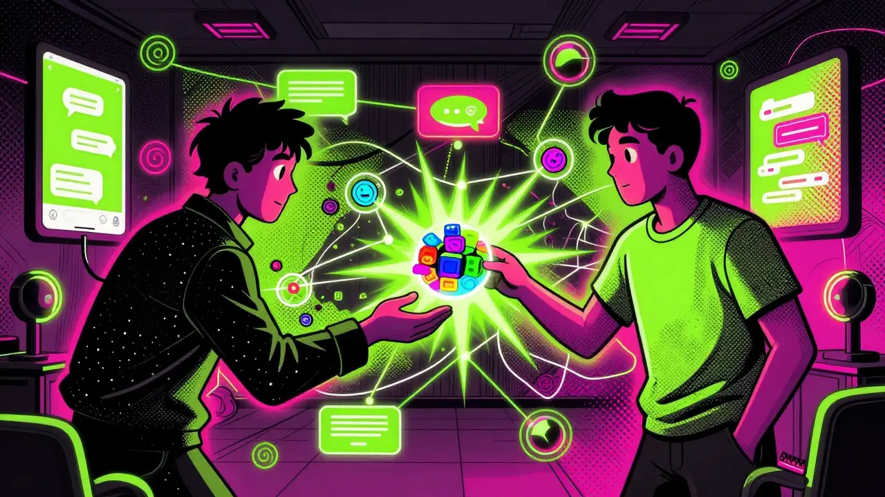 Two people exchanging glowing digital tokens in a colorful, abstract underground setting.