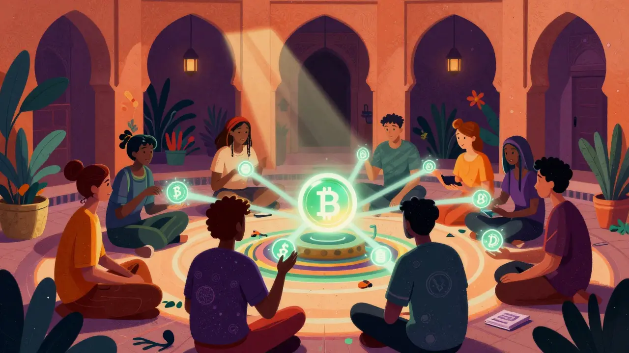 Underground crypto traders exchanging glowing tokens in colorful courtyard