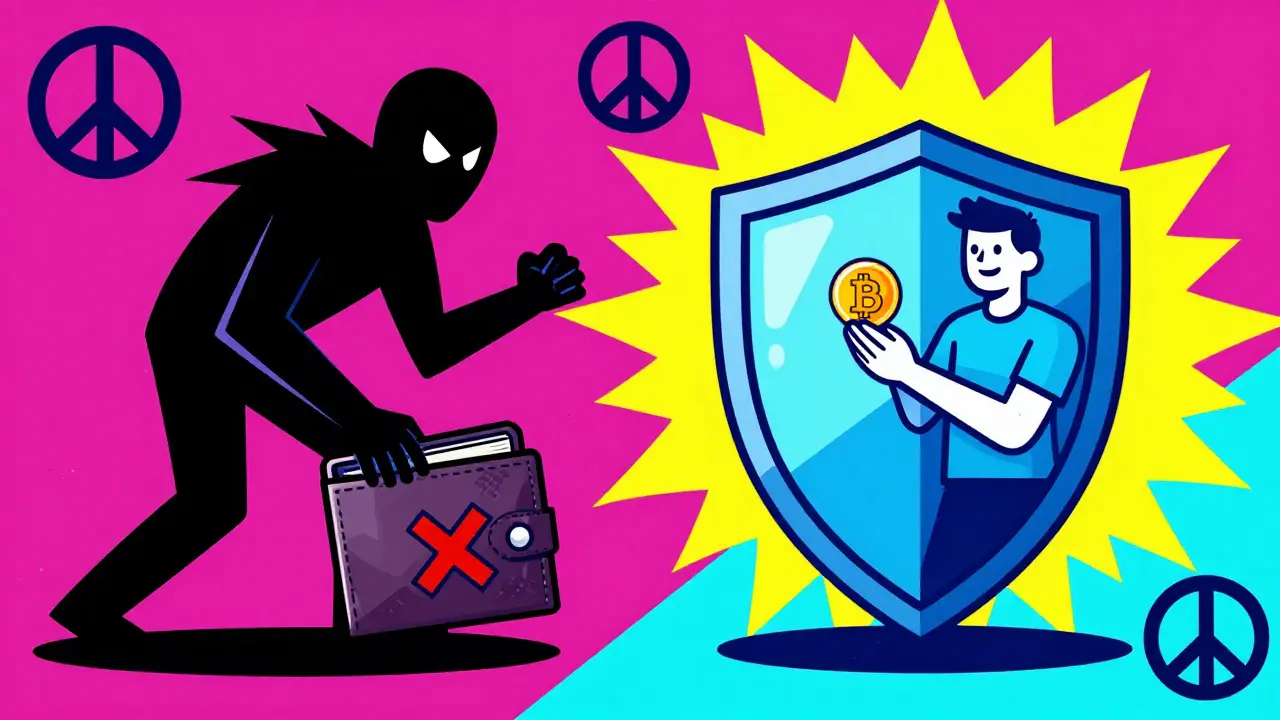 Vibrant art contrasting scam threats with secure protection for crypto users.