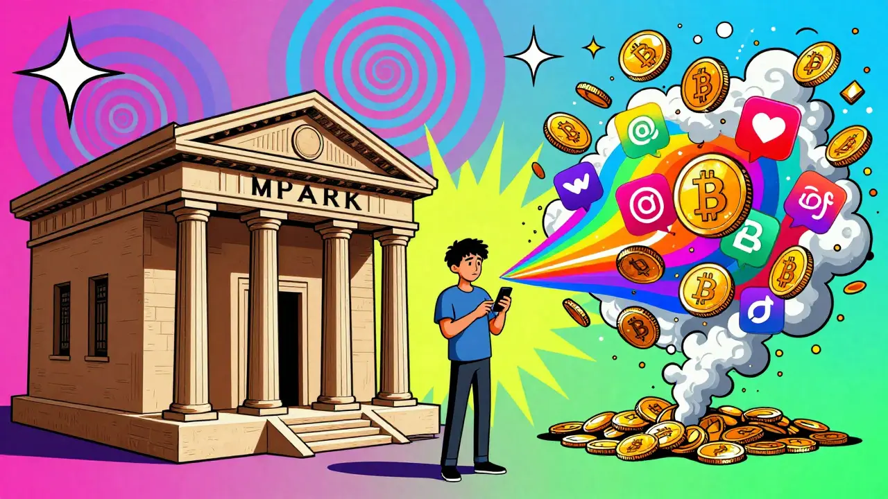 Vibrant art showing a person choosing between a bank and a chaotic crypto vortex