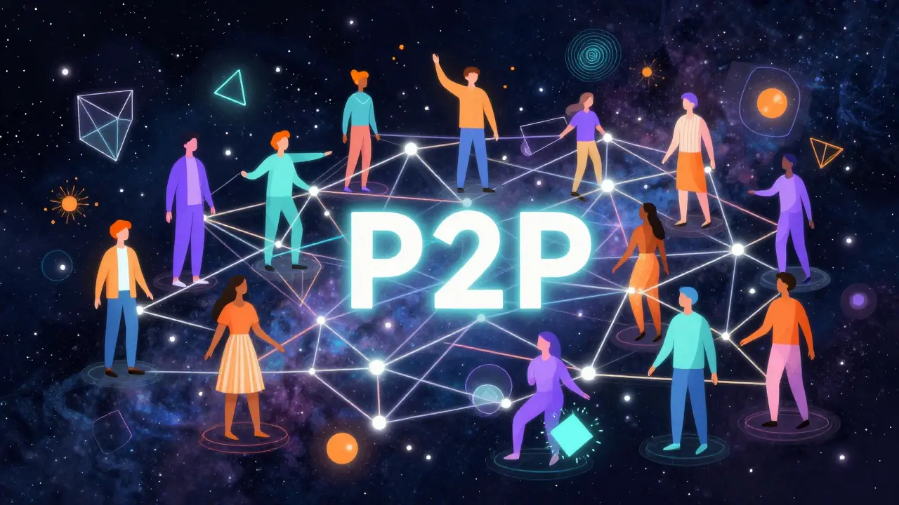 Vibrant artwork of diverse people connected by luminous threads in a cosmic, decentralized network.