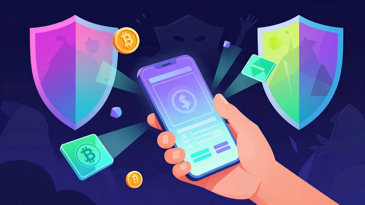 Vibrant illustration of a digital wallet protected by rainbow shields from cyber threats.
