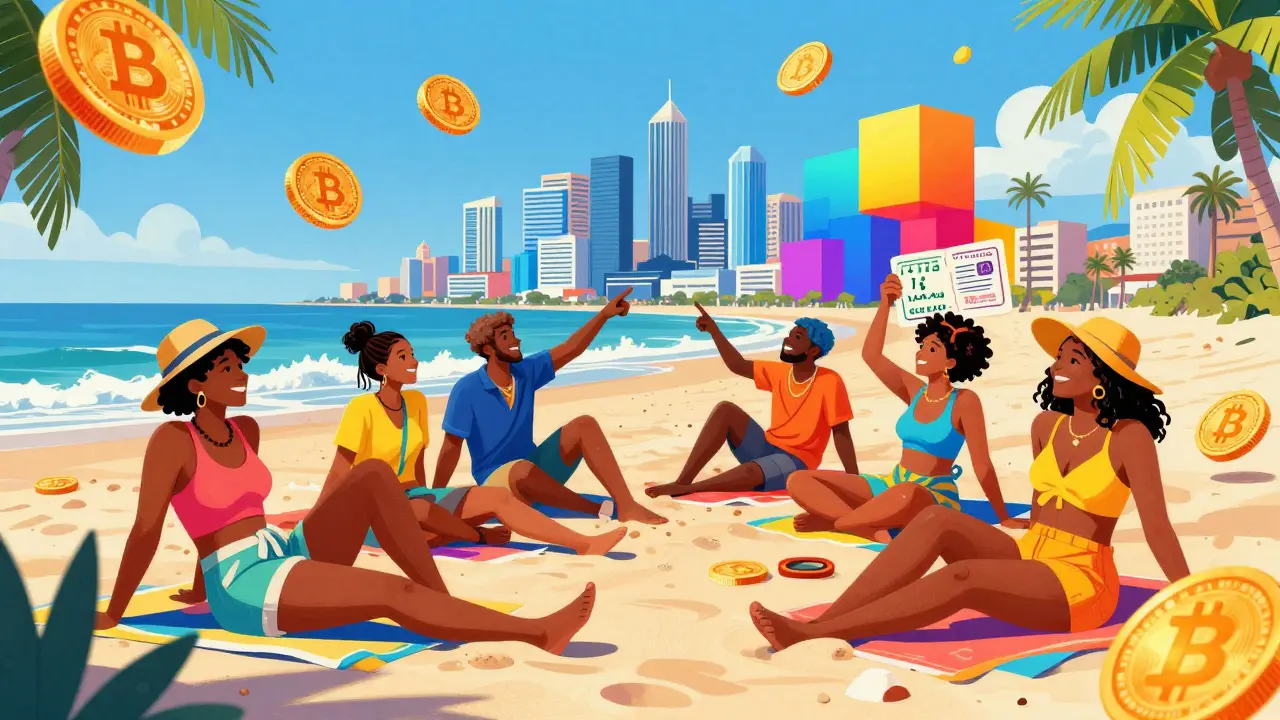 Vibrant illustration of digital nomads trading crypto on a sunny Portuguese beach.